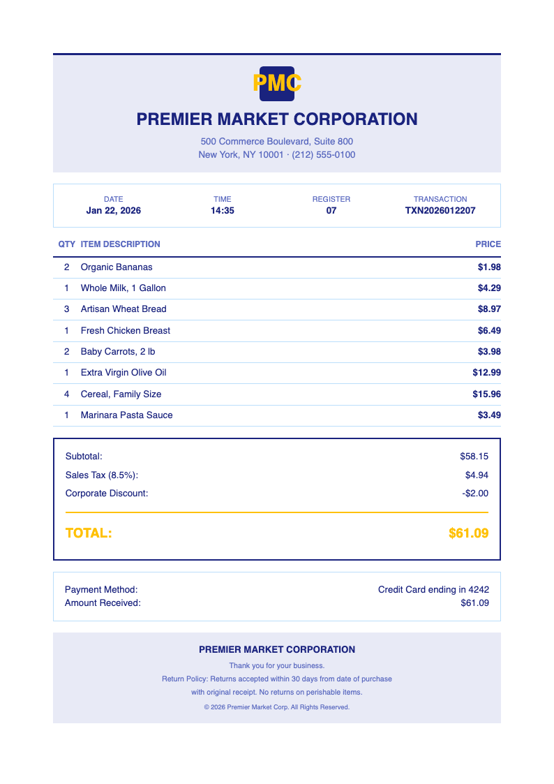 Professional corporate receipt